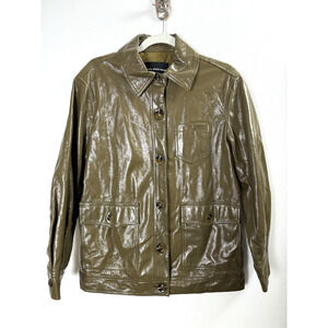 Vegan Leather Shacket Forest Grunge Modern Utility Oversized Green Button Up S